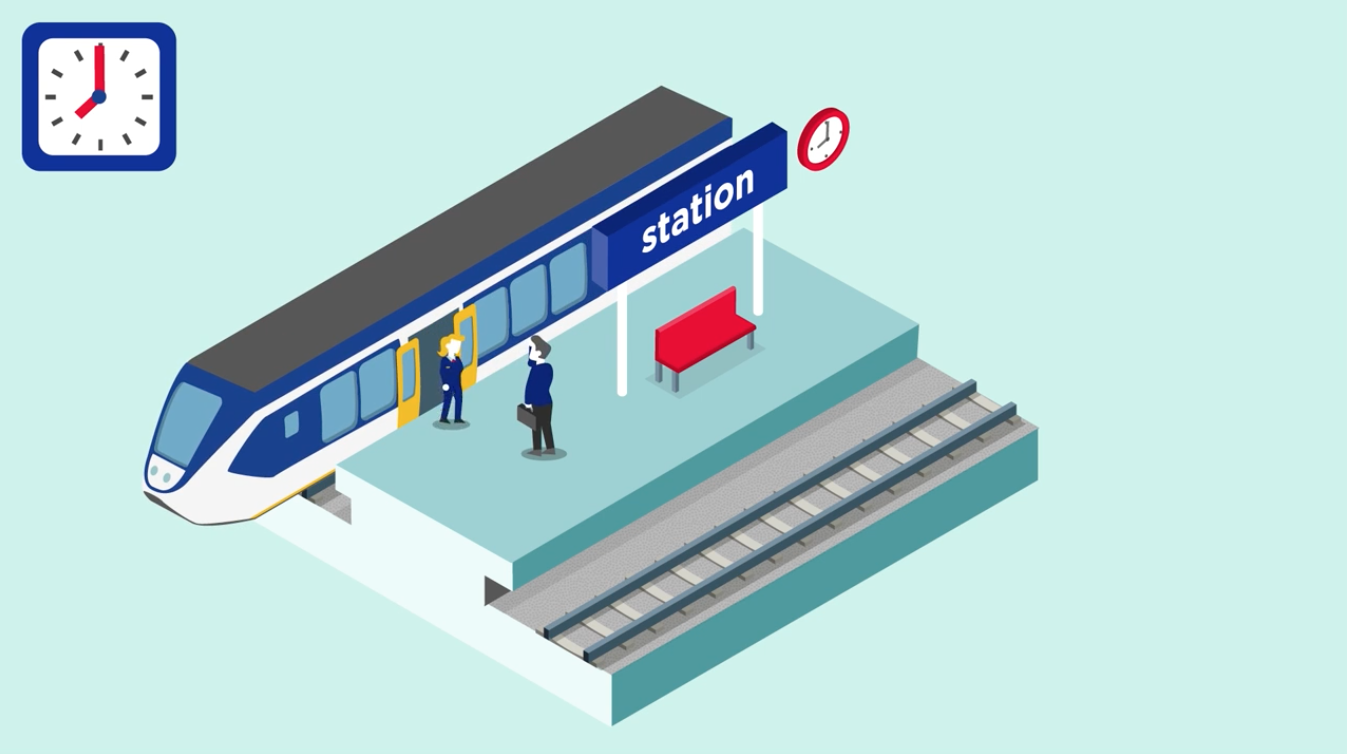 Scene uit een animatie. NS trein op een station. Conducteur en reiziger staan op het perron.